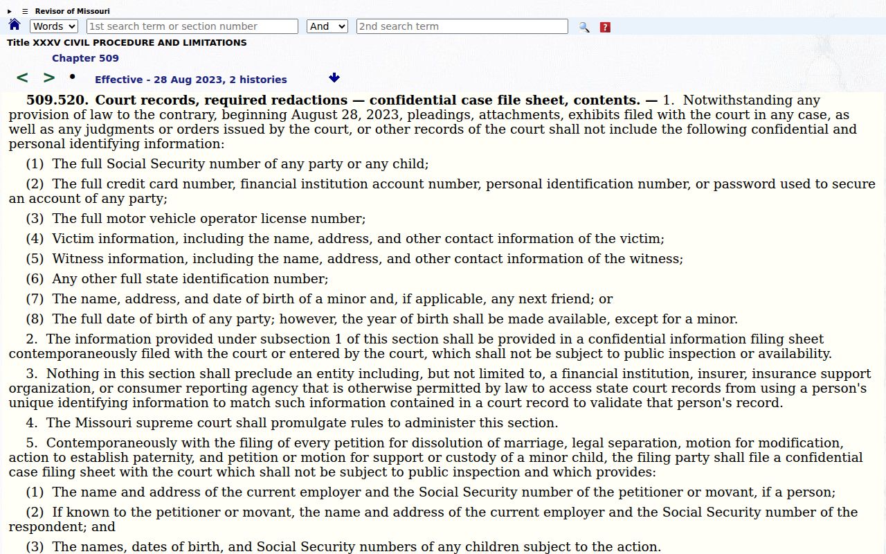 Ralls County civil docket statutory redaction categories for court records
