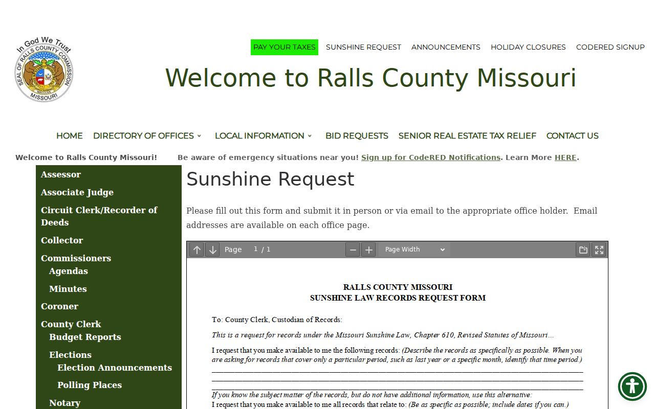 Ralls County court records Sunshine request source page