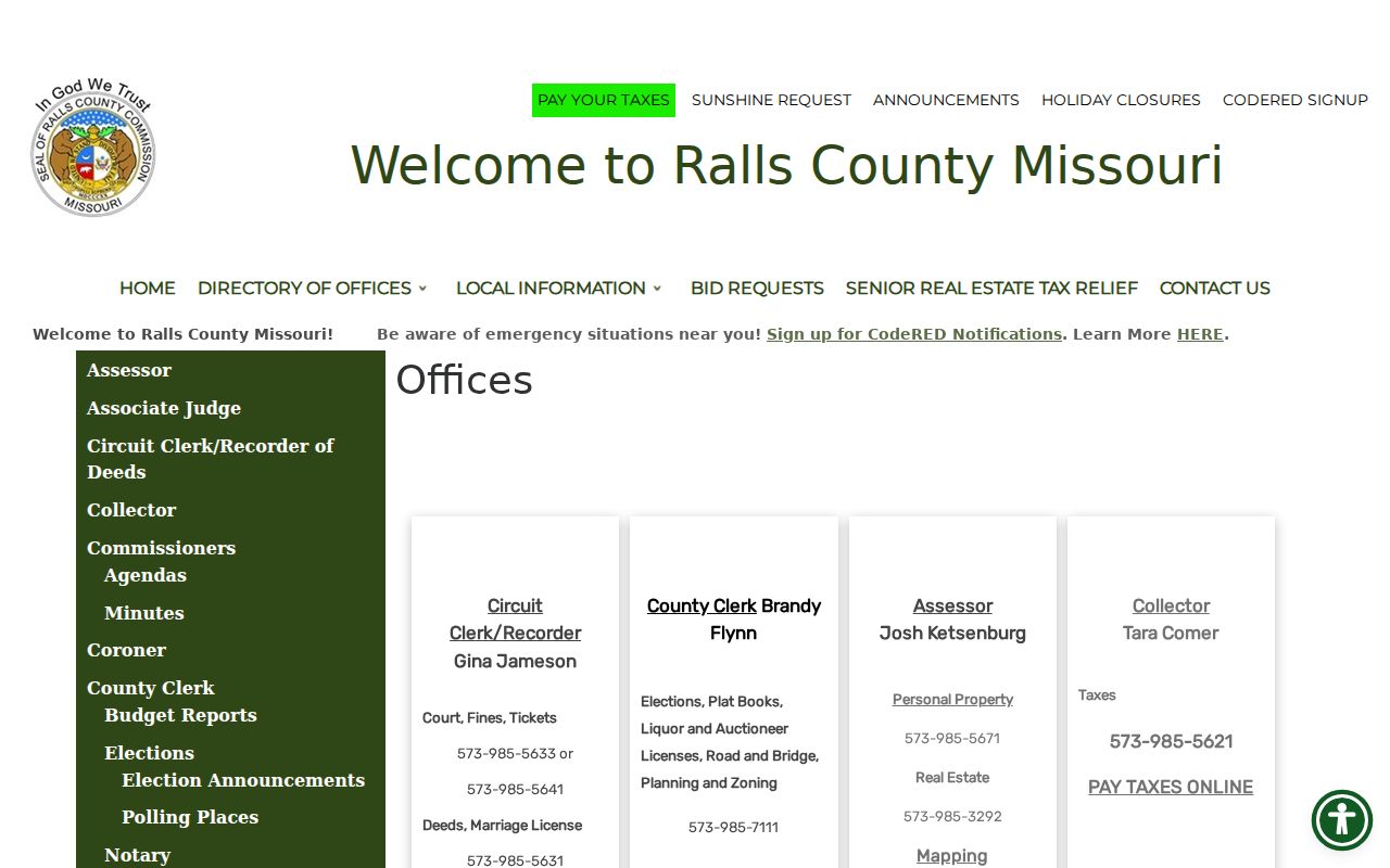 Ralls County court docket office directory and clerk routing